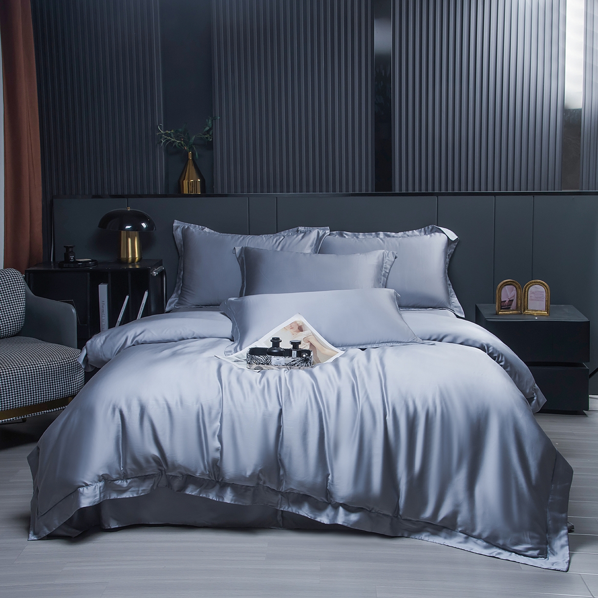 91家纺网 家纺一手货源 找家纺 卡迪亚家纺 2025春夏新款兰精天丝四件套 浅灰