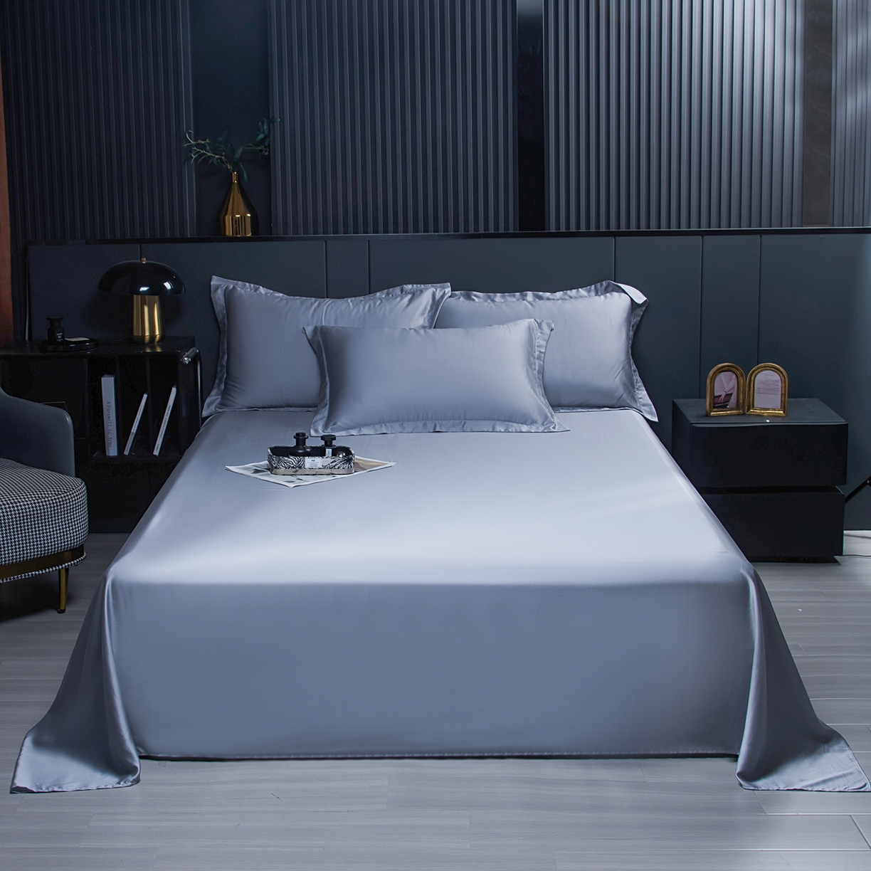 91家纺网 家纺一手货源 找家纺 卡迪亚家纺 2025春夏新款兰精天丝四件套 浅灰