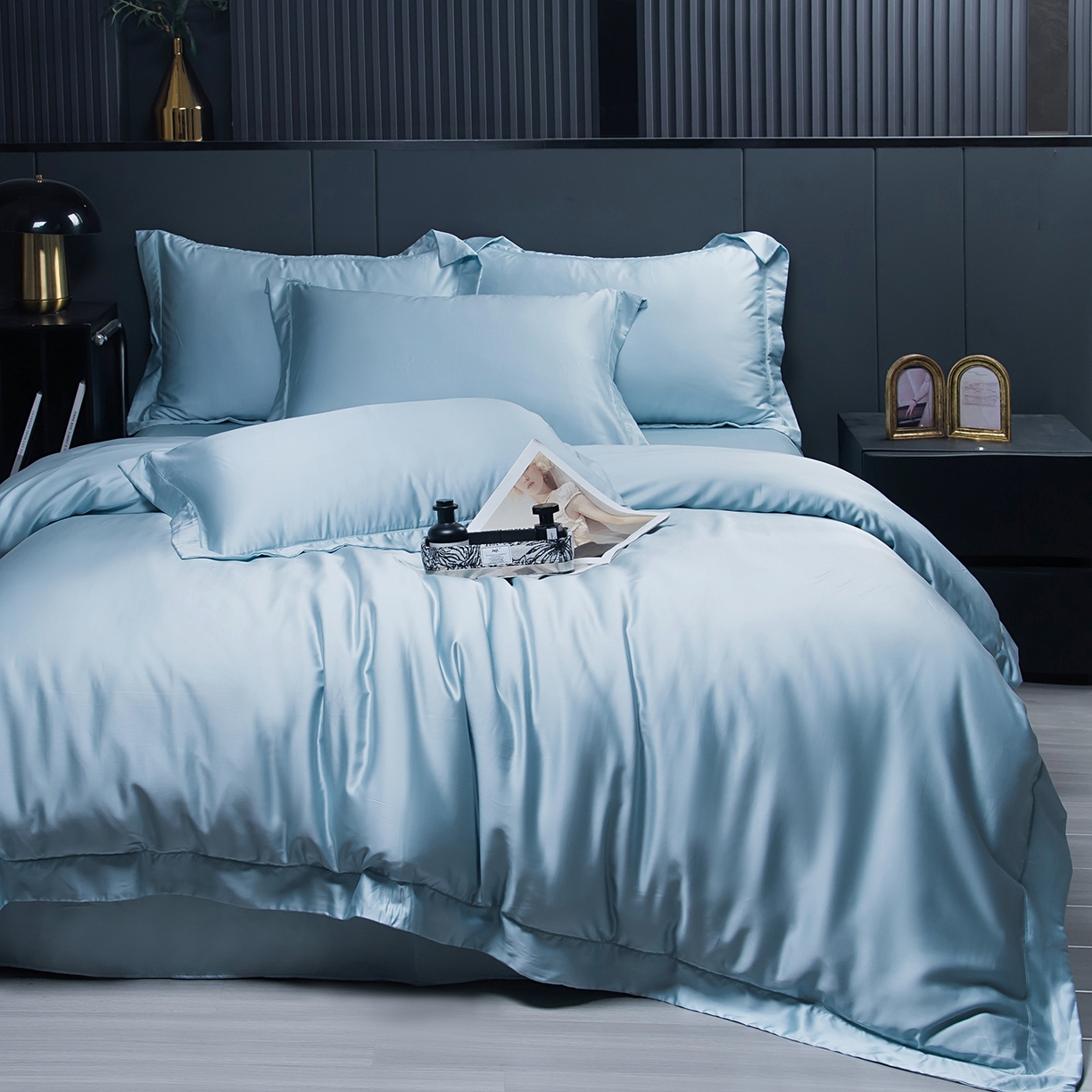 91家纺网 家纺一手货源 找家纺 卡迪亚家纺 2025春夏新款兰精天丝四件套 青色