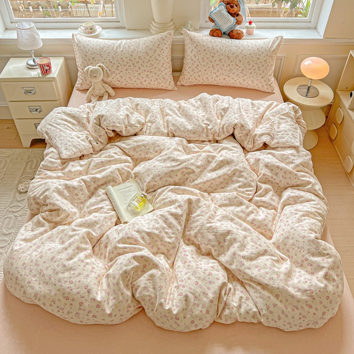 91家纺网 家纺一手货源 找家纺 仟网汇 2025新款全棉纯棉层纱四件套 桃之夭夭