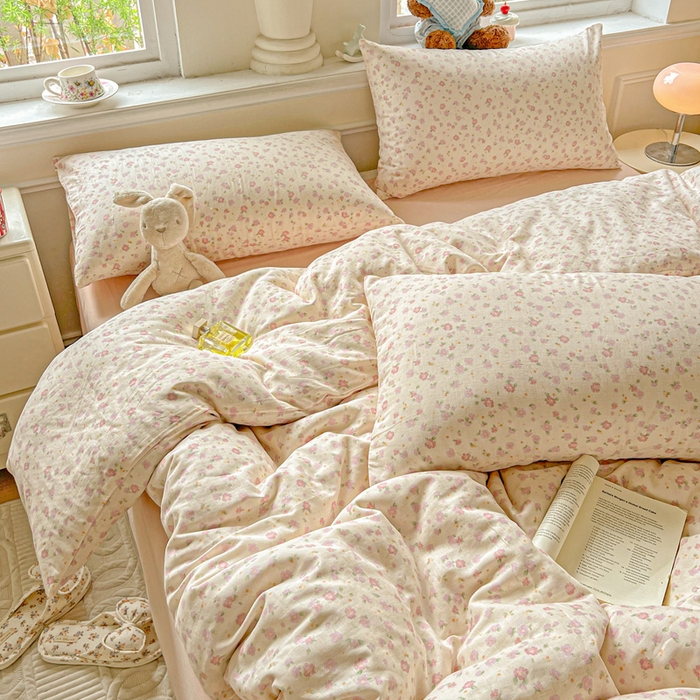 91家纺网 家纺一手货源 找家纺 仟网汇 2025新款全棉纯棉层纱四件套 桃之夭夭