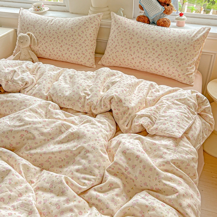 91家纺网 家纺一手货源 找家纺 仟网汇 2025新款全棉纯棉层纱四件套 桃之夭夭