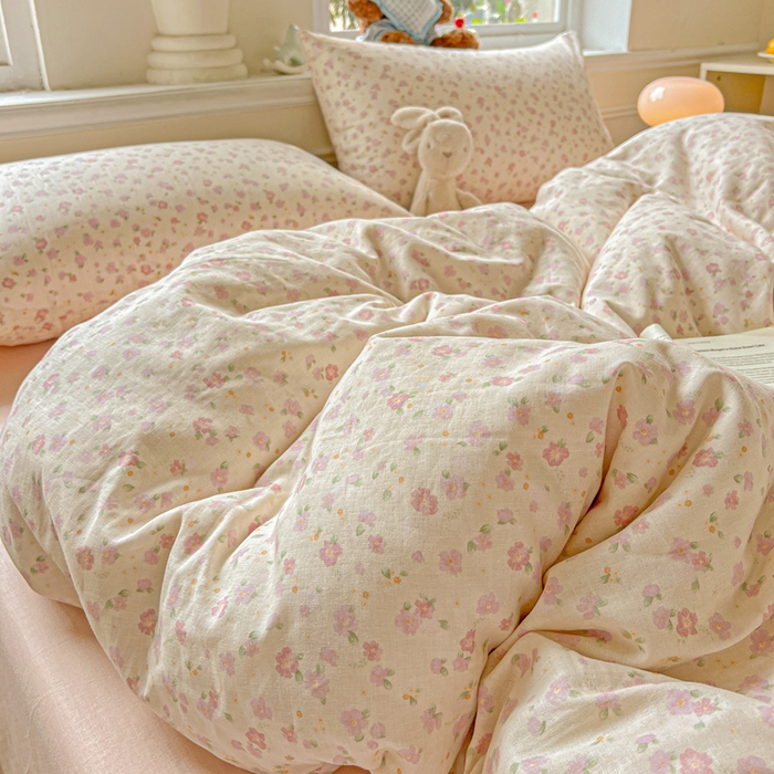 91家纺网 家纺一手货源 找家纺 仟网汇 2025新款全棉纯棉层纱四件套 桃之夭夭