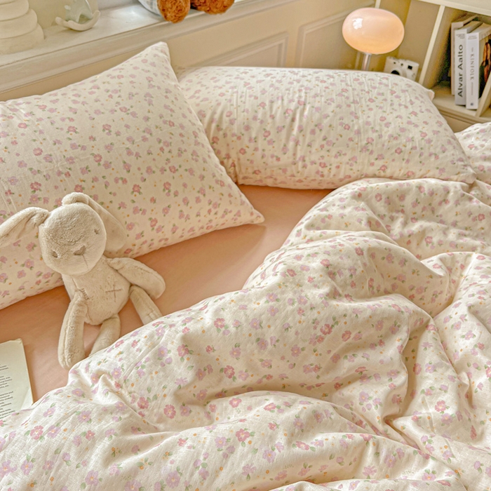 91家纺网 家纺一手货源 找家纺 仟网汇 2025新款全棉纯棉层纱四件套 桃之夭夭