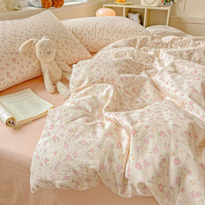 91家纺网 家纺一手货源 找家纺 仟网汇 2025新款全棉纯棉层纱四件套 桃之夭夭