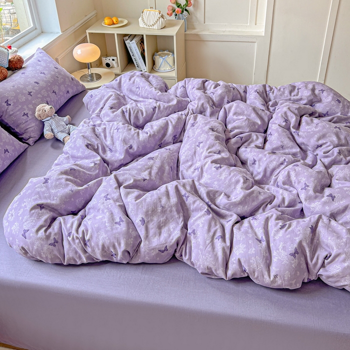 91家纺网 家纺一手货源 找家纺 仟网汇 2025新款全棉纯棉层纱四件套 紫色幻蝶