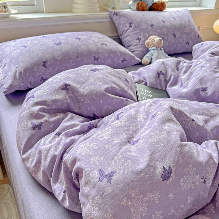 91家纺网 家纺一手货源 找家纺 仟网汇 2025新款全棉纯棉层纱四件套 紫色幻蝶