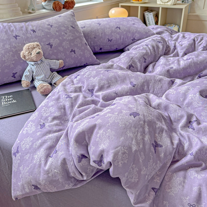 91家纺网 家纺一手货源 找家纺 仟网汇 2025新款全棉纯棉层纱四件套 紫色幻蝶