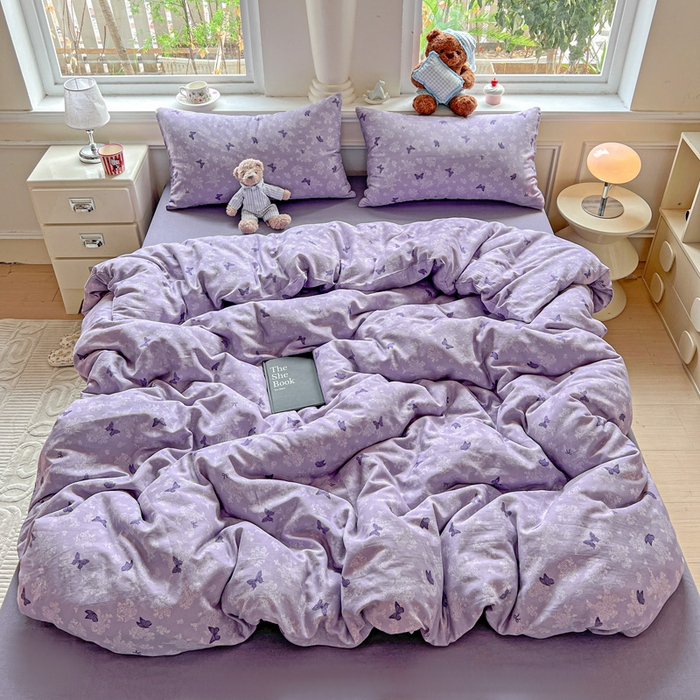 91家纺网 家纺一手货源 找家纺 仟网汇 2025新款全棉纯棉层纱四件套 紫色幻蝶