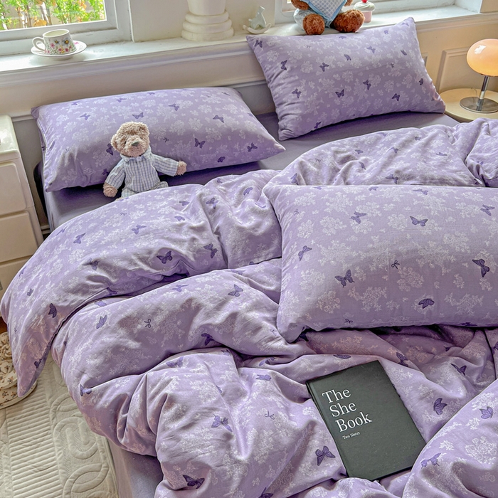 91家纺网 家纺一手货源 找家纺 仟网汇 2025新款全棉纯棉层纱四件套 紫色幻蝶