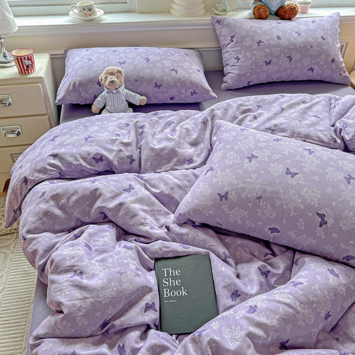 91家纺网 家纺一手货源 找家纺 仟网汇 2025新款全棉纯棉层纱四件套 紫色幻蝶