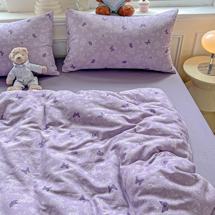 91家纺网 家纺一手货源 找家纺 仟网汇 2025新款全棉纯棉层纱四件套 紫色幻蝶