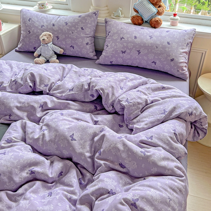 91家纺网 家纺一手货源 找家纺 仟网汇 2025新款全棉纯棉层纱四件套 紫色幻蝶