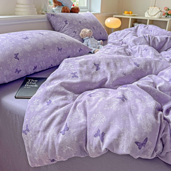 91家纺网 家纺一手货源 找家纺 仟网汇 2025新款全棉纯棉层纱四件套 紫色幻蝶