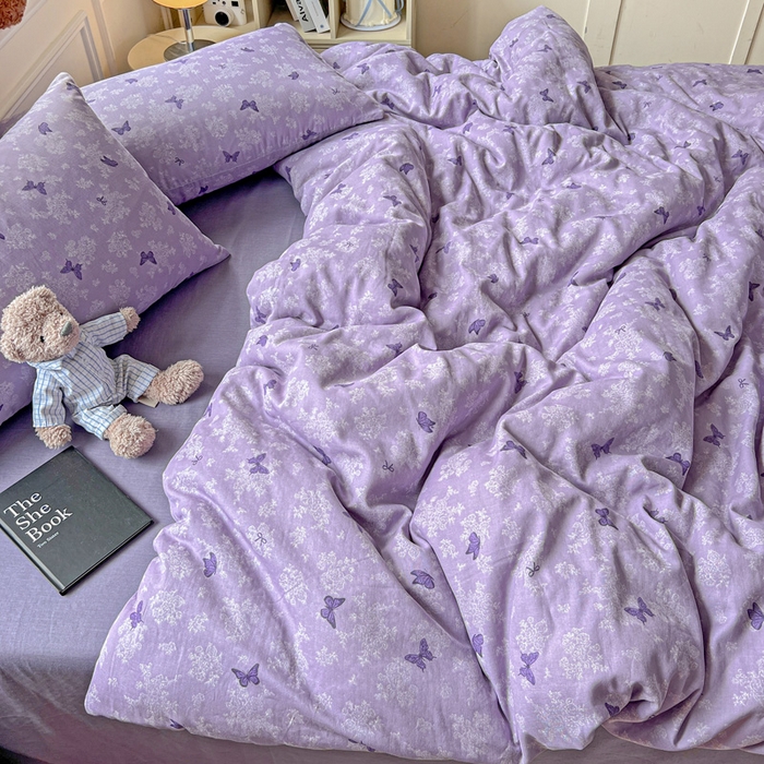 91家纺网 家纺一手货源 找家纺 仟网汇 2025新款全棉纯棉层纱四件套 紫色幻蝶