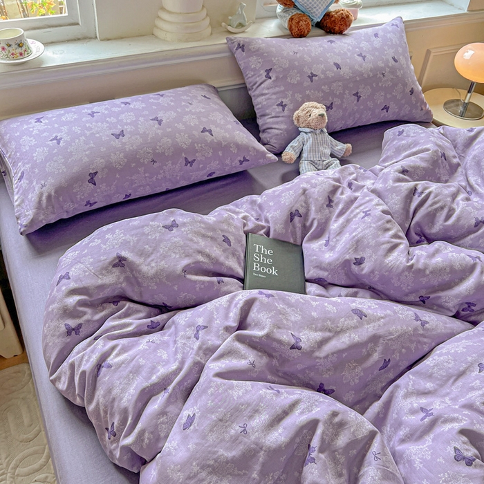 91家纺网 家纺一手货源 找家纺 仟网汇 2025新款全棉纯棉层纱四件套 紫色幻蝶