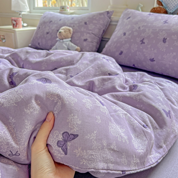 91家纺网 家纺一手货源 找家纺 仟网汇 2025新款全棉纯棉层纱四件套 紫色幻蝶