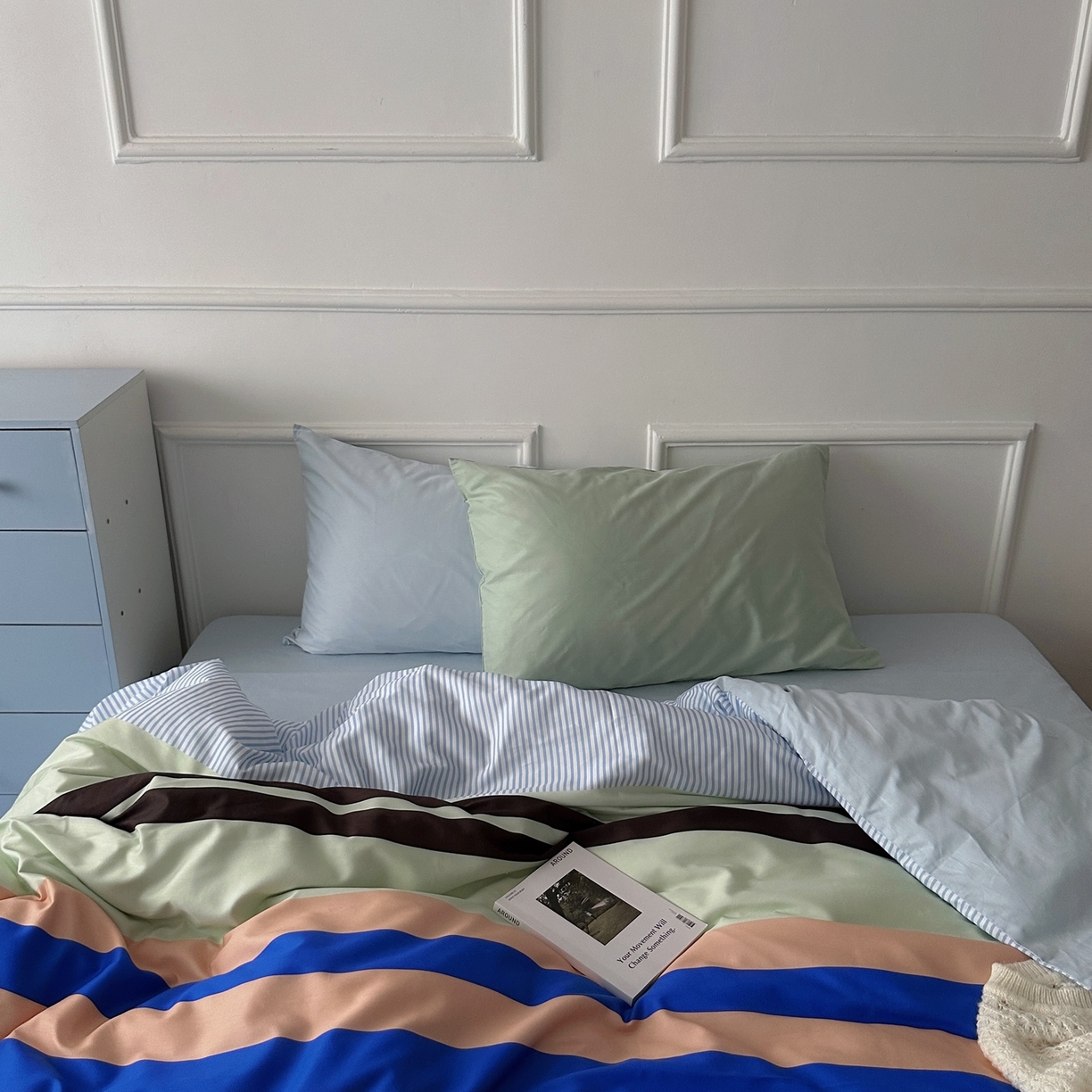 柚可家居 2025新款数码印花大版40支全棉纯棉四件套蓝调海港-实拍（送手提袋＋控价标准券后278元） 蓝调海港（枕套淡蓝色+果绿）