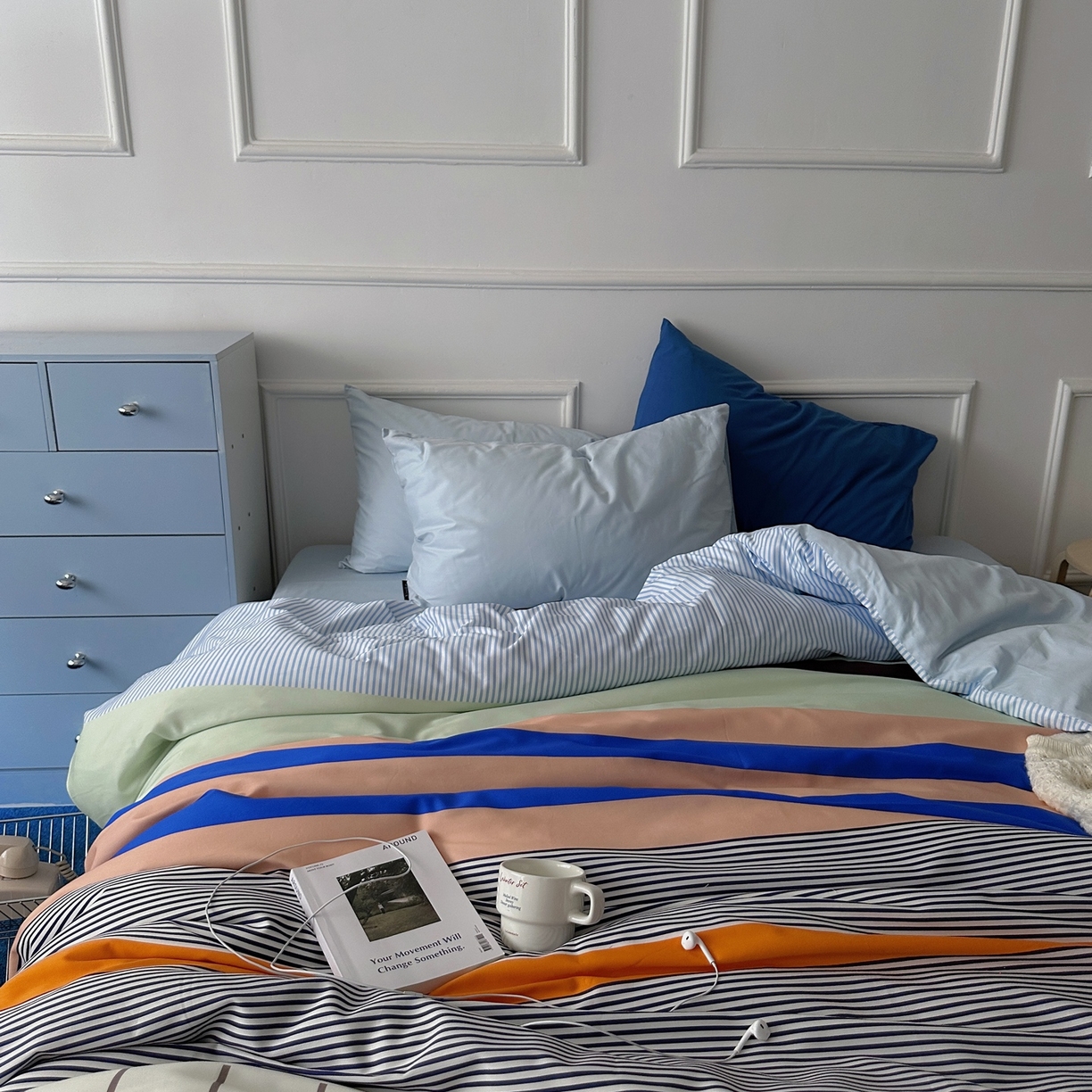 91家纺网 家纺一手货源 找家纺 柚可家居 2025新款数码印花大版40支全棉纯棉四件套蓝调海港-实拍（送手提袋＋控价标准券后278元） 蓝调海港（枕套淡蓝色）