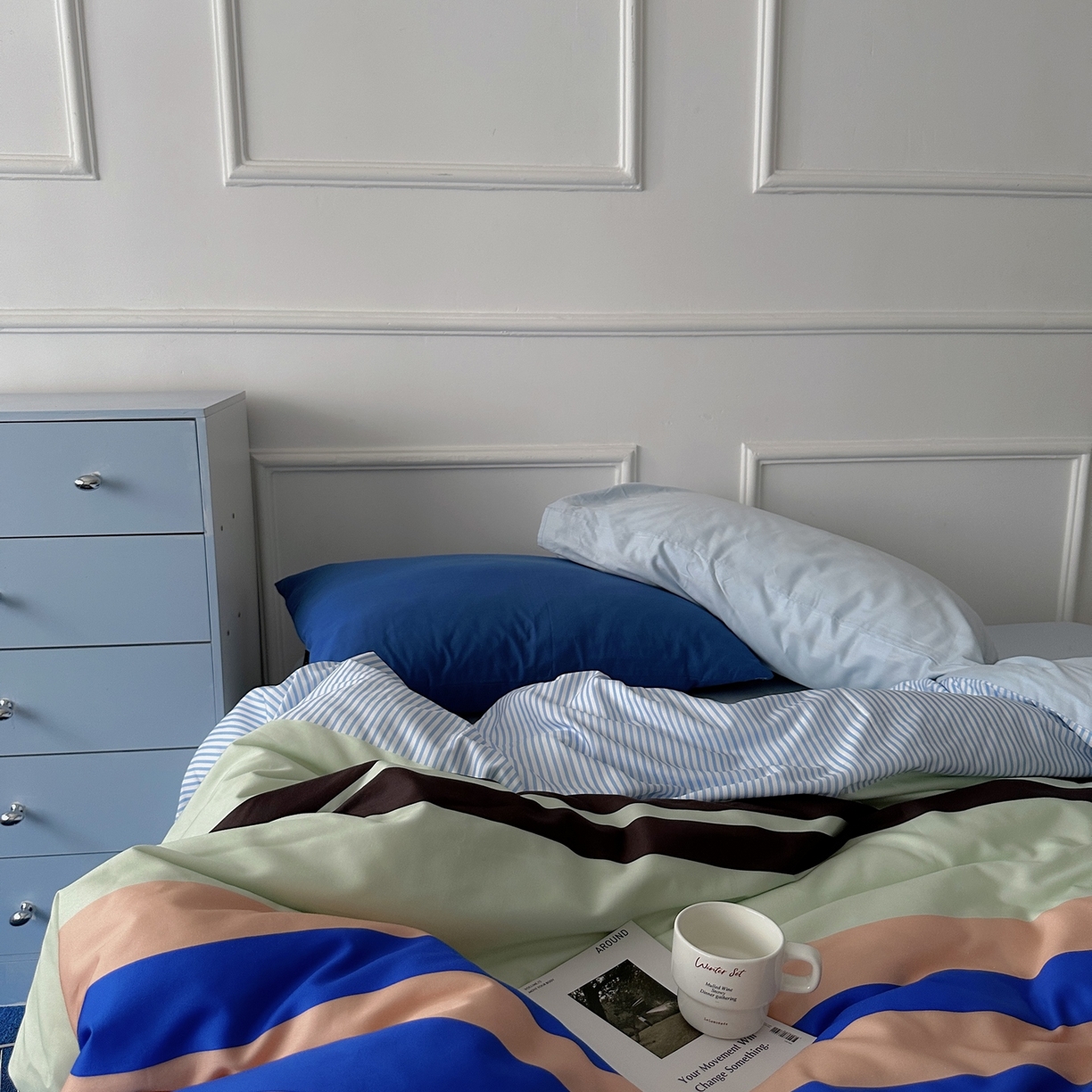 91家纺网 家纺一手货源 找家纺 柚可家居 2025新款数码印花大版40支全棉纯棉四件套蓝调海港-实拍（送手提袋＋控价标准券后278元） 蓝调海港（枕套淡蓝色）