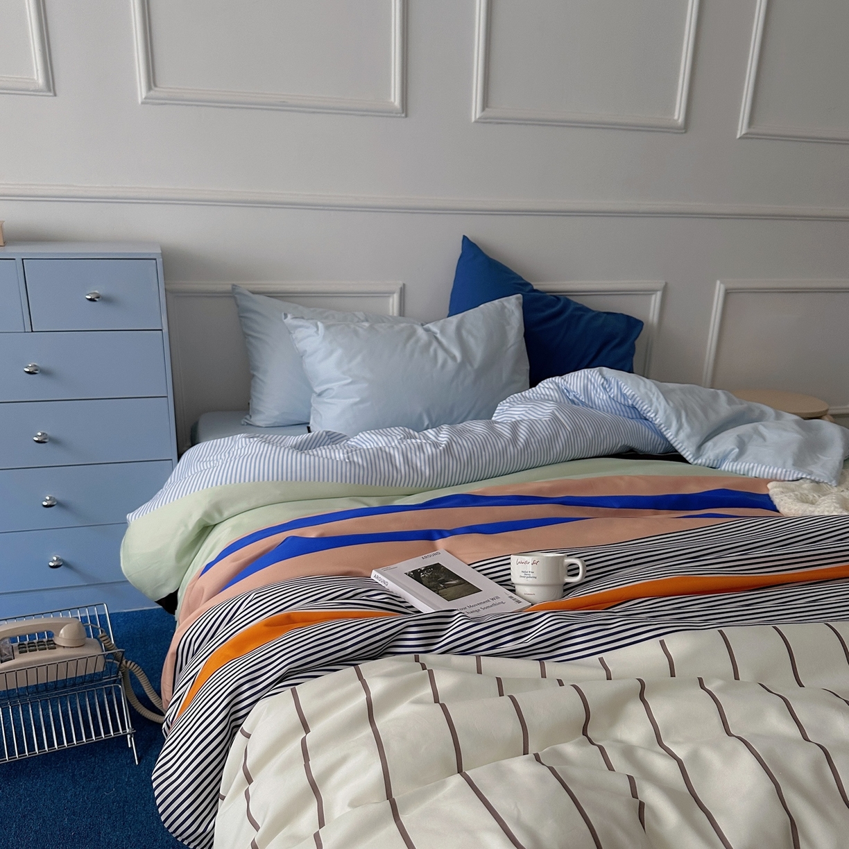 91家纺网 家纺一手货源 找家纺 柚可家居 2025新款数码印花大版40支全棉纯棉四件套蓝调海港-实拍（送手提袋＋控价标准券后278元） 蓝调海港（枕套淡蓝色+越蓝）