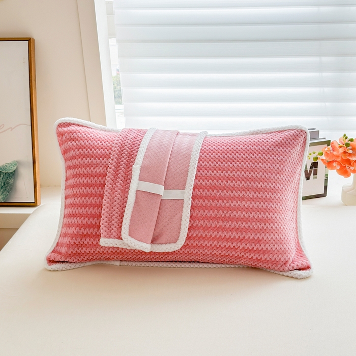 翎盈家纺 2025新款云豆绒枕巾绑带款防滑枕巾 云豆绒-粉