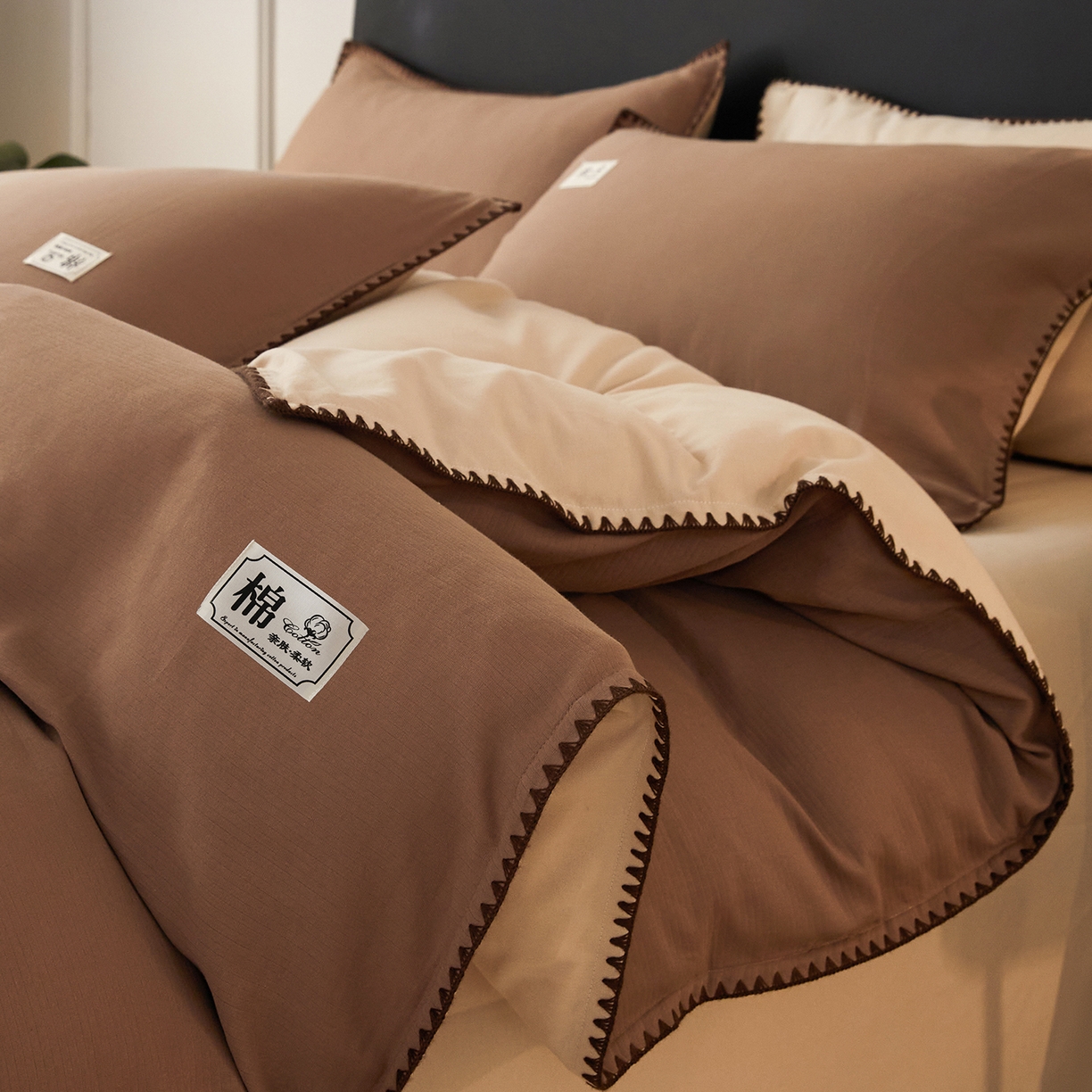 91家纺网 家纺一手货源 找家纺 （总）女子家纺 2025新款全棉A类厚织长绒棉立体提花磨毛贝壳边四件套