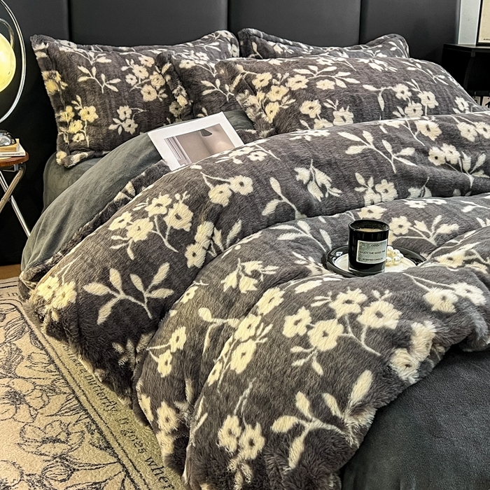 仟网汇 2025新款亲肤舒适兔毛绒四件套 山茶花-灰