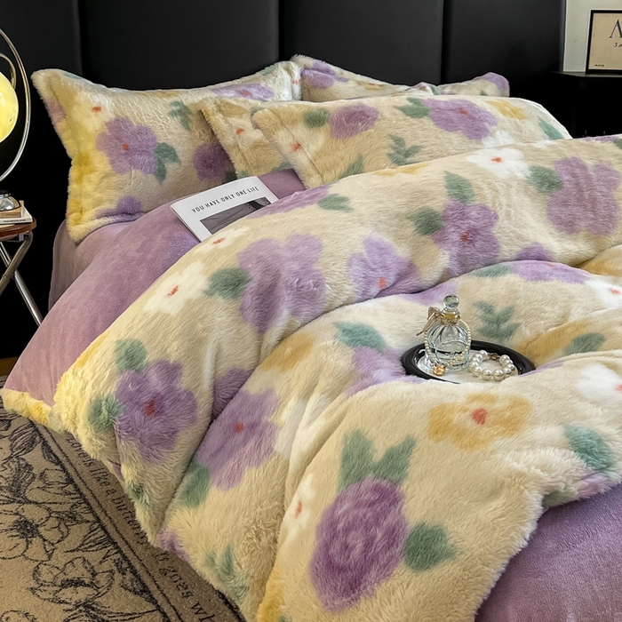 仟网汇 2025新款亲肤舒适兔毛绒四件套 紫色花语