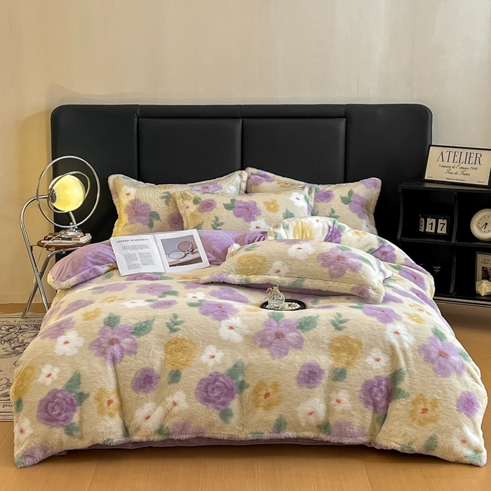 91家纺网 家纺一手货源 找家纺 仟网汇 2025新款亲肤舒适兔毛绒四件套 紫色花语