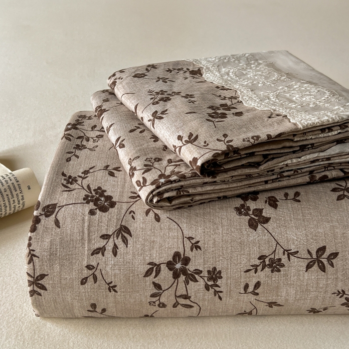仟网汇 2025新款花边水洗亚麻床单三件套 茶里