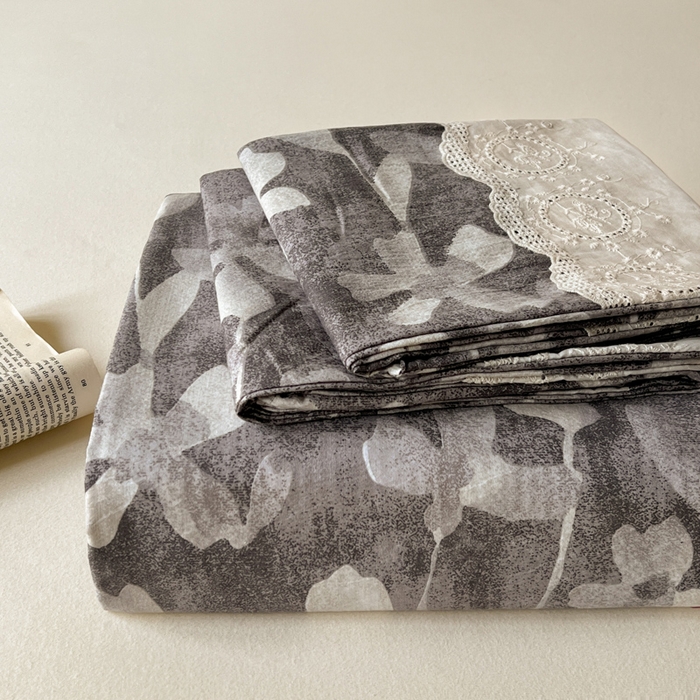 仟网汇 2025新款花边水洗亚麻床单三件套 花影灰