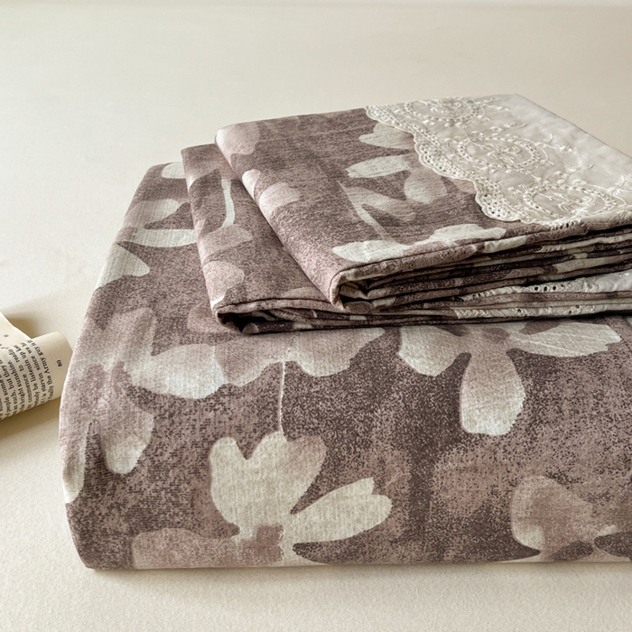 仟网汇 2025新款花边水洗亚麻床单三件套 花影棕