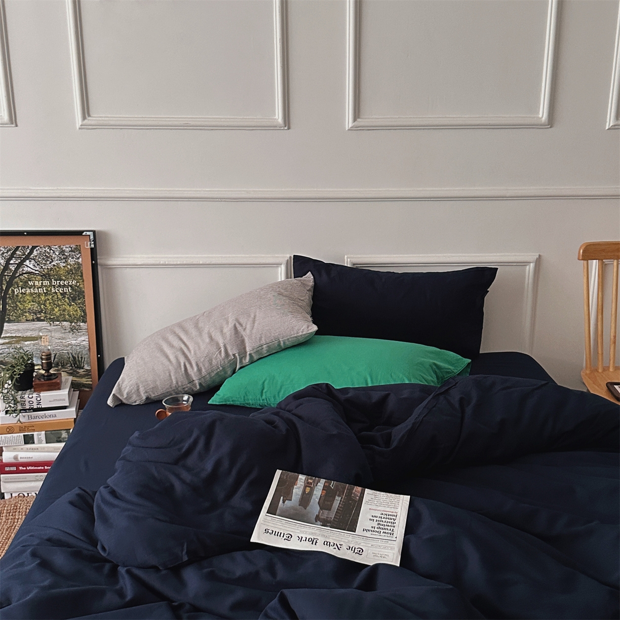 91家纺网 家纺一手货源 找家纺 柚可家居 2025新款40支水洗人字纹百分百全棉水洗人字纹四件套 少年与树（会员减5元） 少年与树（枕套藏蓝+森绿）