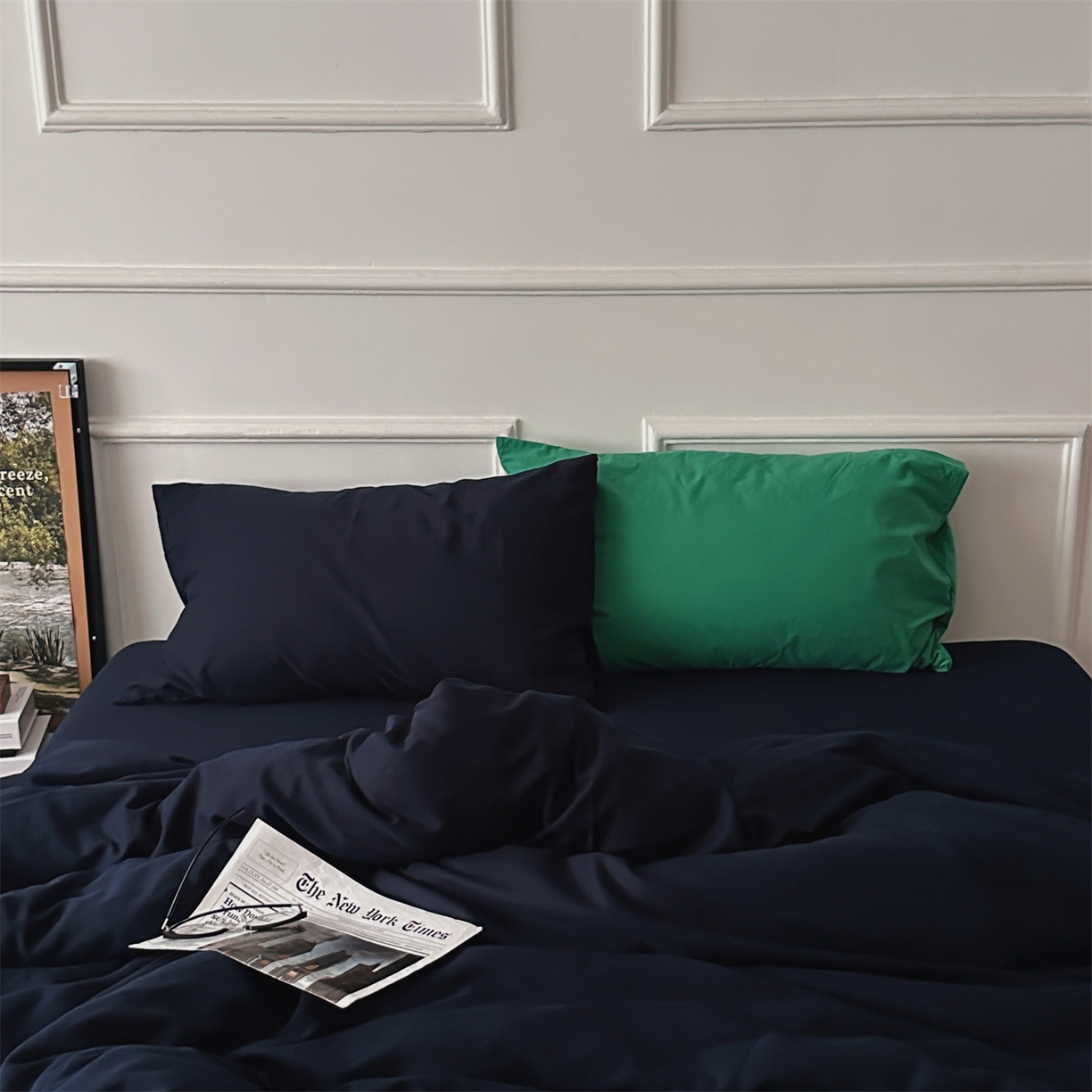 柚可家居 2025新款40支水洗人字纹百分百全棉水洗人字纹四件套 少年与树（会员减5元） 少年与树（枕套藏蓝+森绿）