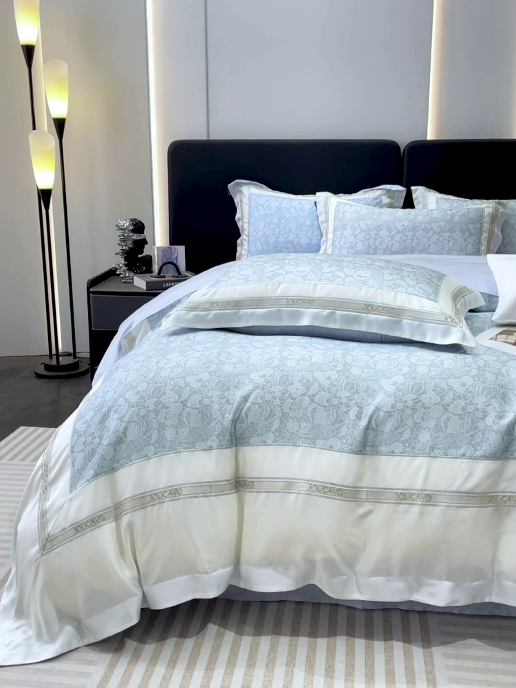 91家纺网 家纺一手货源 找家纺 直播爆款A类数码印花长绒棉四件套纯棉全棉拼接被套重工刺绣被套工艺款床上用品 梦莉娅-香颂蓝