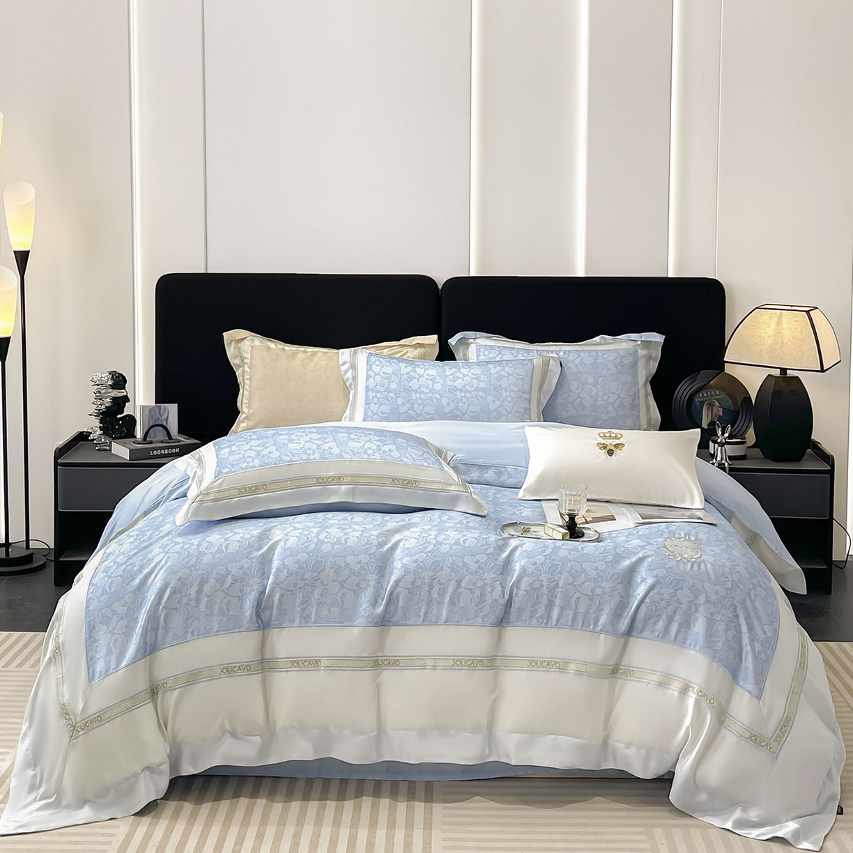 91家纺网 家纺一手货源 找家纺 直播爆款A类数码印花长绒棉四件套纯棉全棉拼接被套重工刺绣被套工艺款床上用品 梦莉娅-香颂蓝