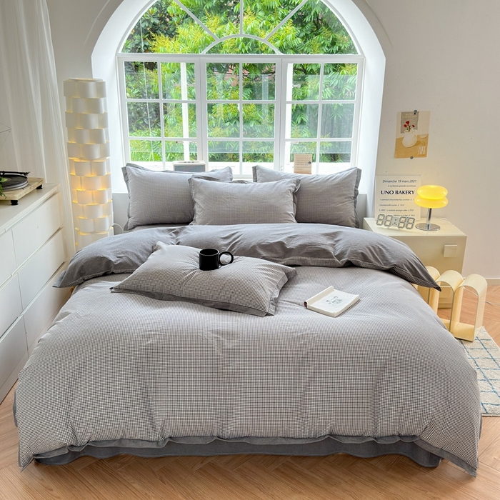 91家纺网 家纺一手货源 找家纺 宜家坊 2025新款A类全棉色织系列水洗棉宽边断角工艺四件套 爱的邂逅-灰