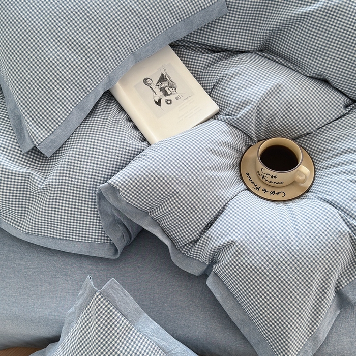 91家纺网 家纺一手货源 找家纺 宜家坊 2025新款A类全棉色织系列水洗棉宽边断角工艺四件套 爱的邂逅-蓝