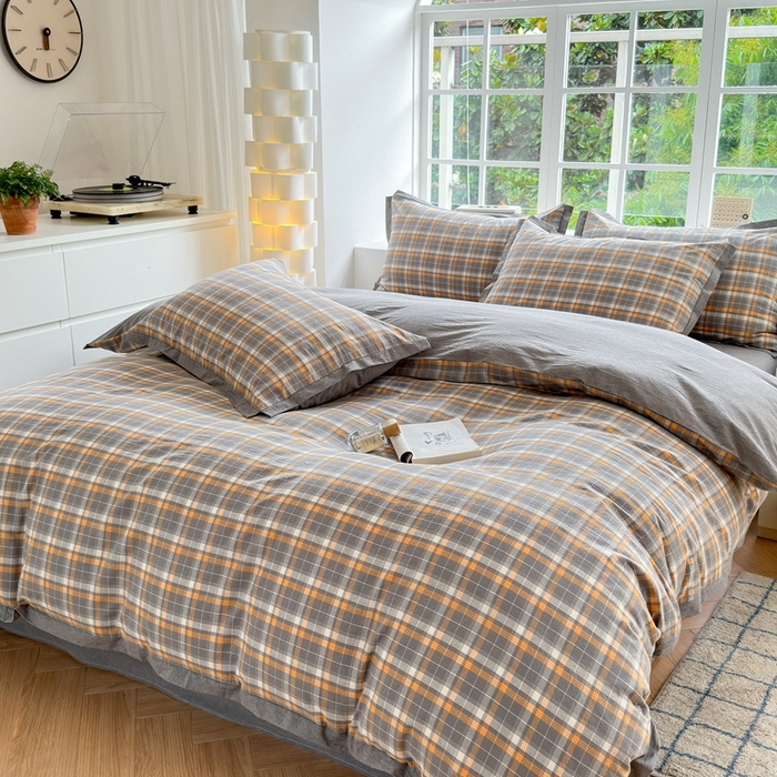 91家纺网 家纺一手货源 找家纺 宜家坊 2025新款A类全棉色织系列水洗棉宽边断角工艺四件套 小幸运-橙灰