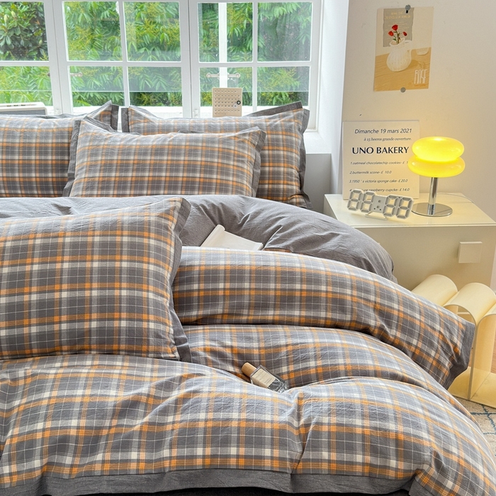 91家纺网 家纺一手货源 找家纺 宜家坊 2025新款A类全棉色织系列水洗棉宽边断角工艺四件套 小幸运-橙灰