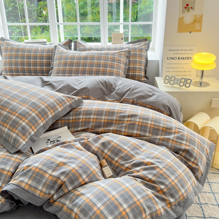 91家纺网 家纺一手货源 找家纺 宜家坊 2025新款A类全棉色织系列水洗棉宽边断角工艺四件套 小幸运-橙灰