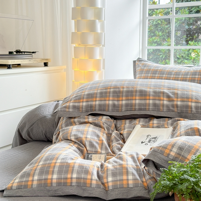 91家纺网 家纺一手货源 找家纺 宜家坊 2025新款A类全棉色织系列水洗棉宽边断角工艺四件套 小幸运-橙灰