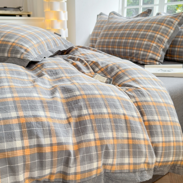 91家纺网 家纺一手货源 找家纺 宜家坊 2025新款A类全棉色织系列水洗棉宽边断角工艺四件套 小幸运-橙灰