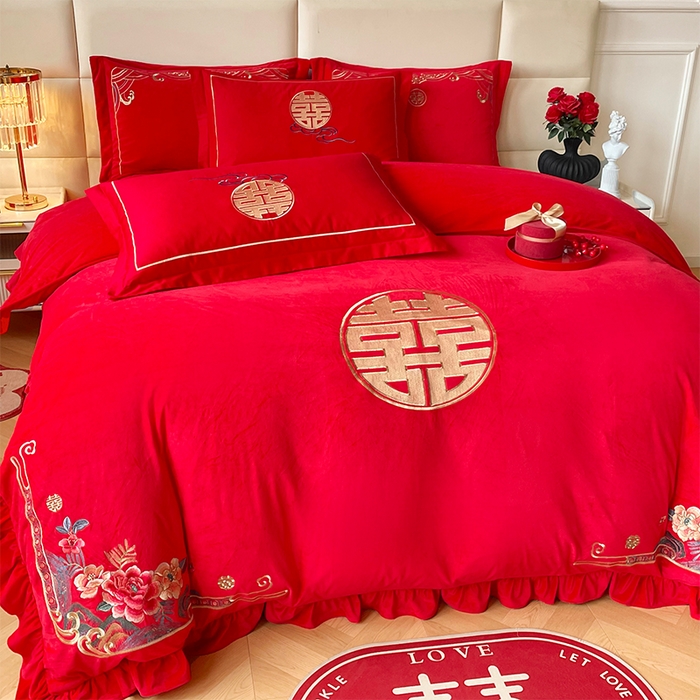 91家纺网 家纺一手货源 找家纺 （总）富之雅婚庆 2025新款高克重全工艺牛奶绒宝宝绒刺绣婚庆四件套