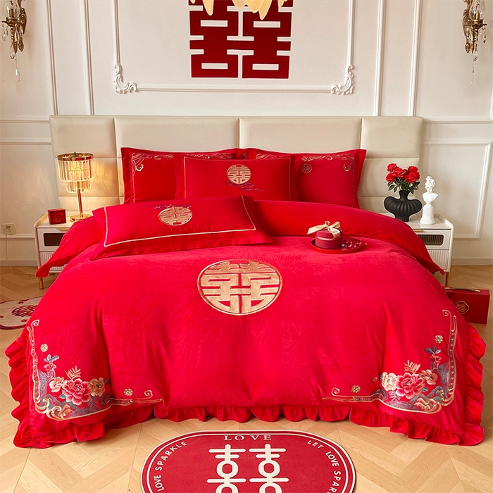 91家纺网 家纺一手货源 找家纺 （总）富之雅婚庆 2025新款高克重全工艺牛奶绒宝宝绒刺绣婚庆四件套