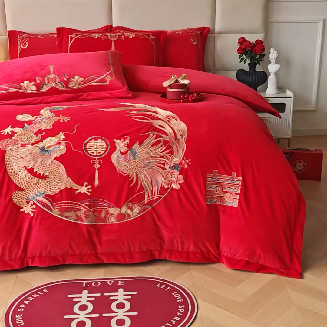 91家纺网 家纺一手货源 找家纺 富之雅婚庆 2025新款高克重全工艺牛奶绒宝宝绒刺绣婚庆四件套 龙凤双喜（宝宝绒）