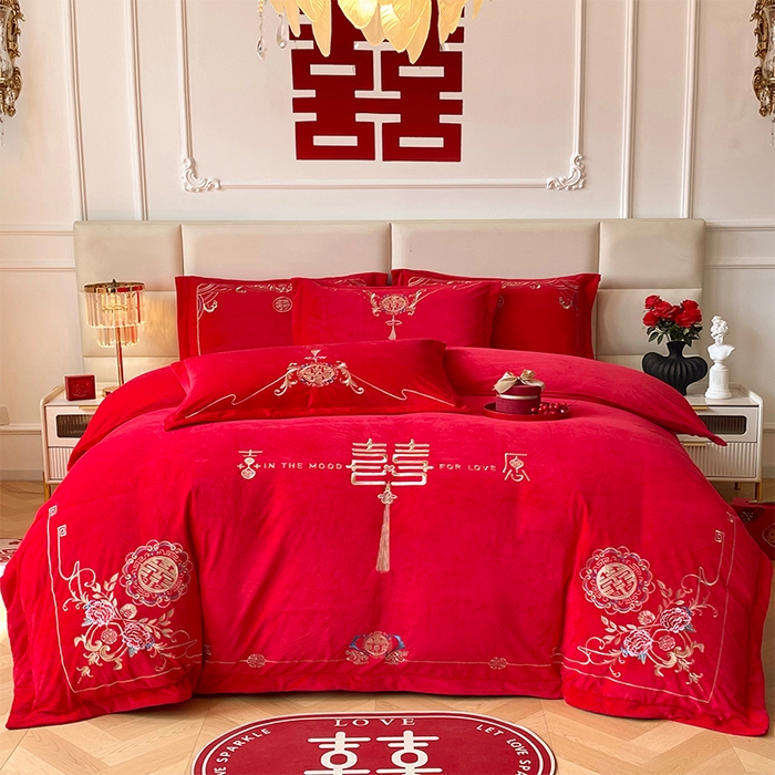 富之雅婚庆 2025新款高克重全工艺牛奶绒宝宝绒刺绣婚庆四件套 缘定三生（宝宝绒）