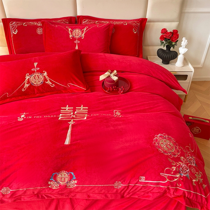 91家纺网 家纺一手货源 找家纺 富之雅婚庆 2025新款高克重全工艺牛奶绒宝宝绒刺绣婚庆四件套 缘定三生（宝宝绒）