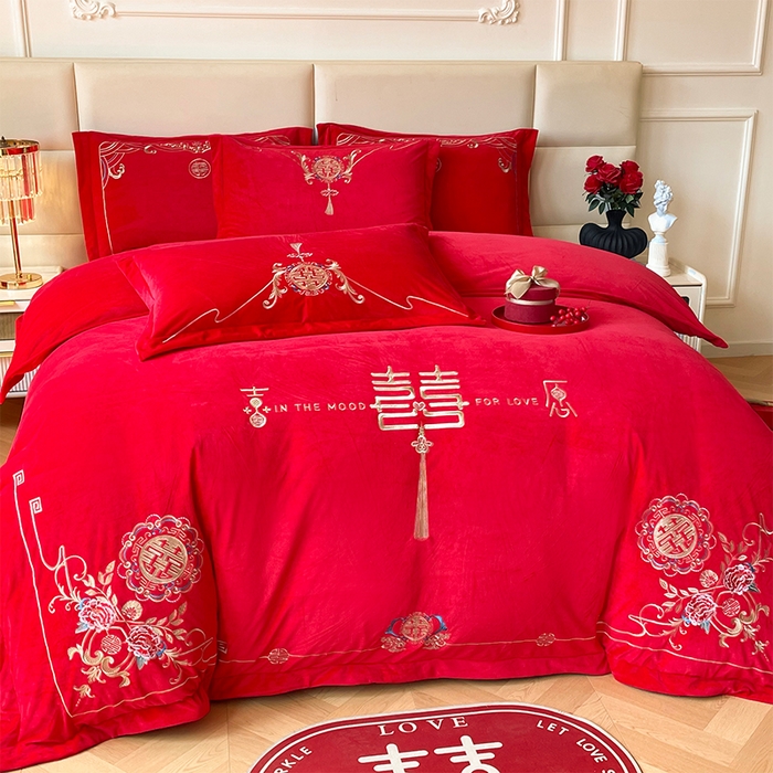 91家纺网 家纺一手货源 找家纺 富之雅婚庆 2025新款高克重全工艺牛奶绒宝宝绒刺绣婚庆四件套 缘定三生（宝宝绒）